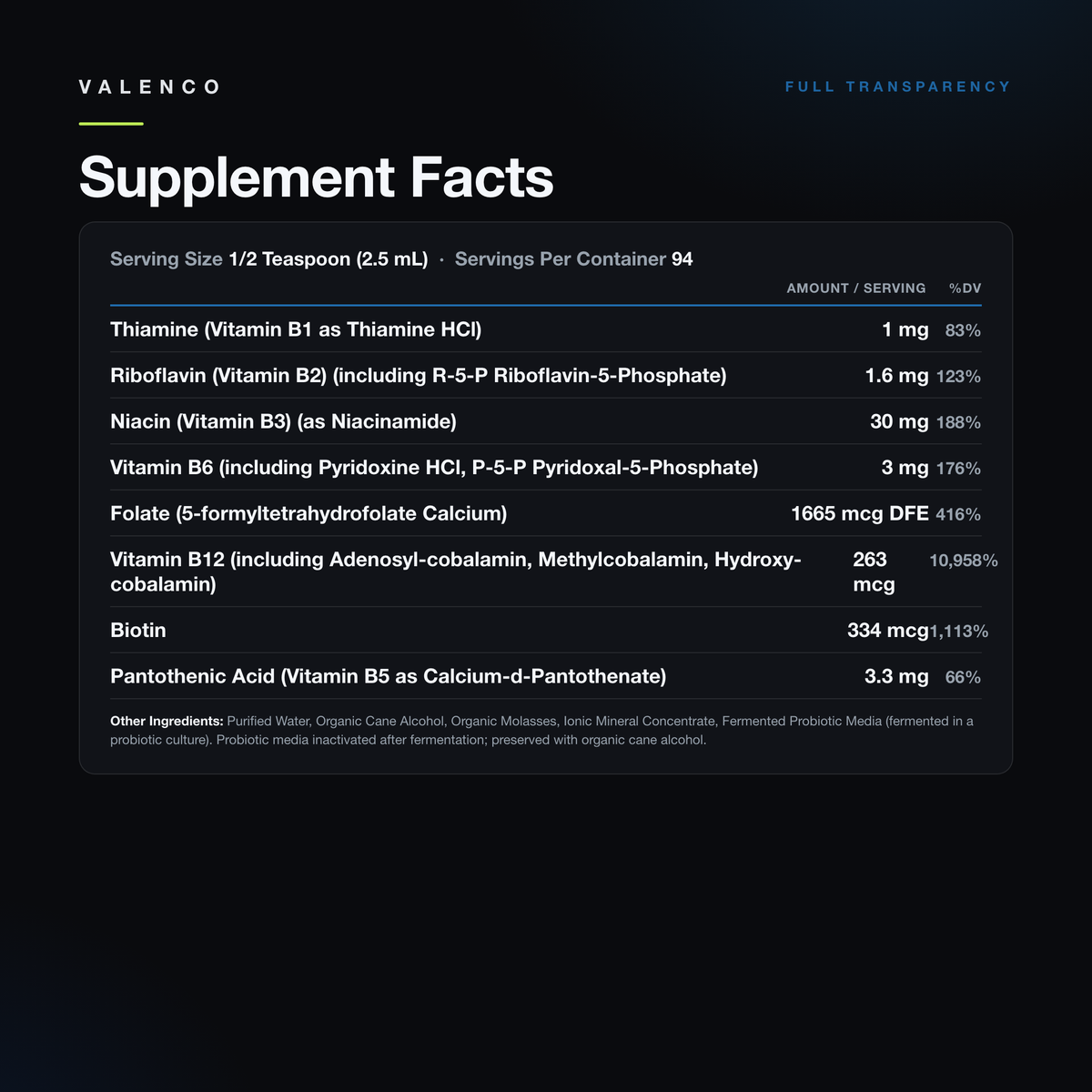 Fermented B Complex Liquid 8oz Supplement Facts panel