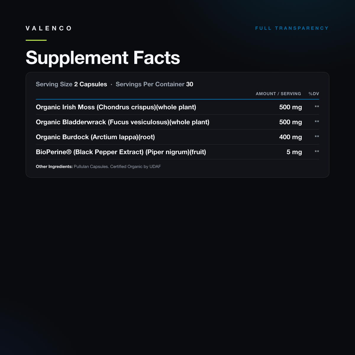 Organic Sea Moss Supplement Facts panel